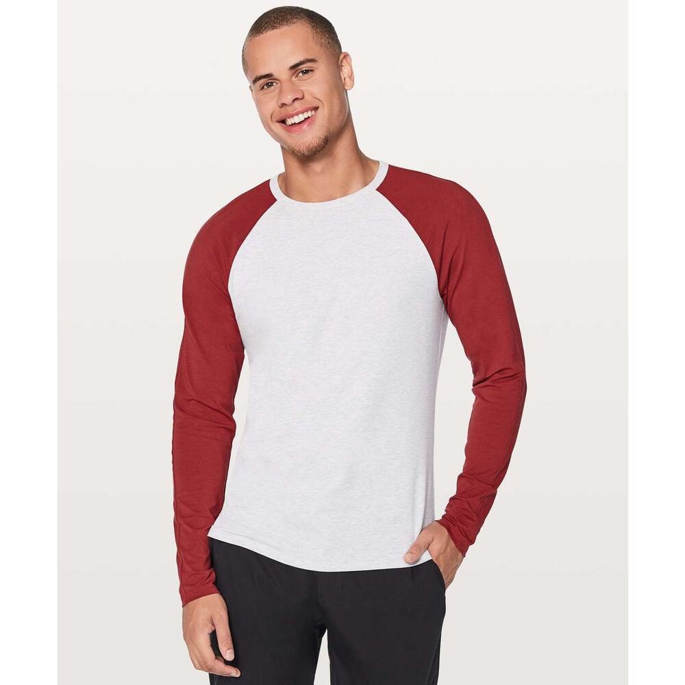 Lululemon Mens Tee Shirt Bodhi Long Sleeve Grey Oxblood Red Size Large Cotton
